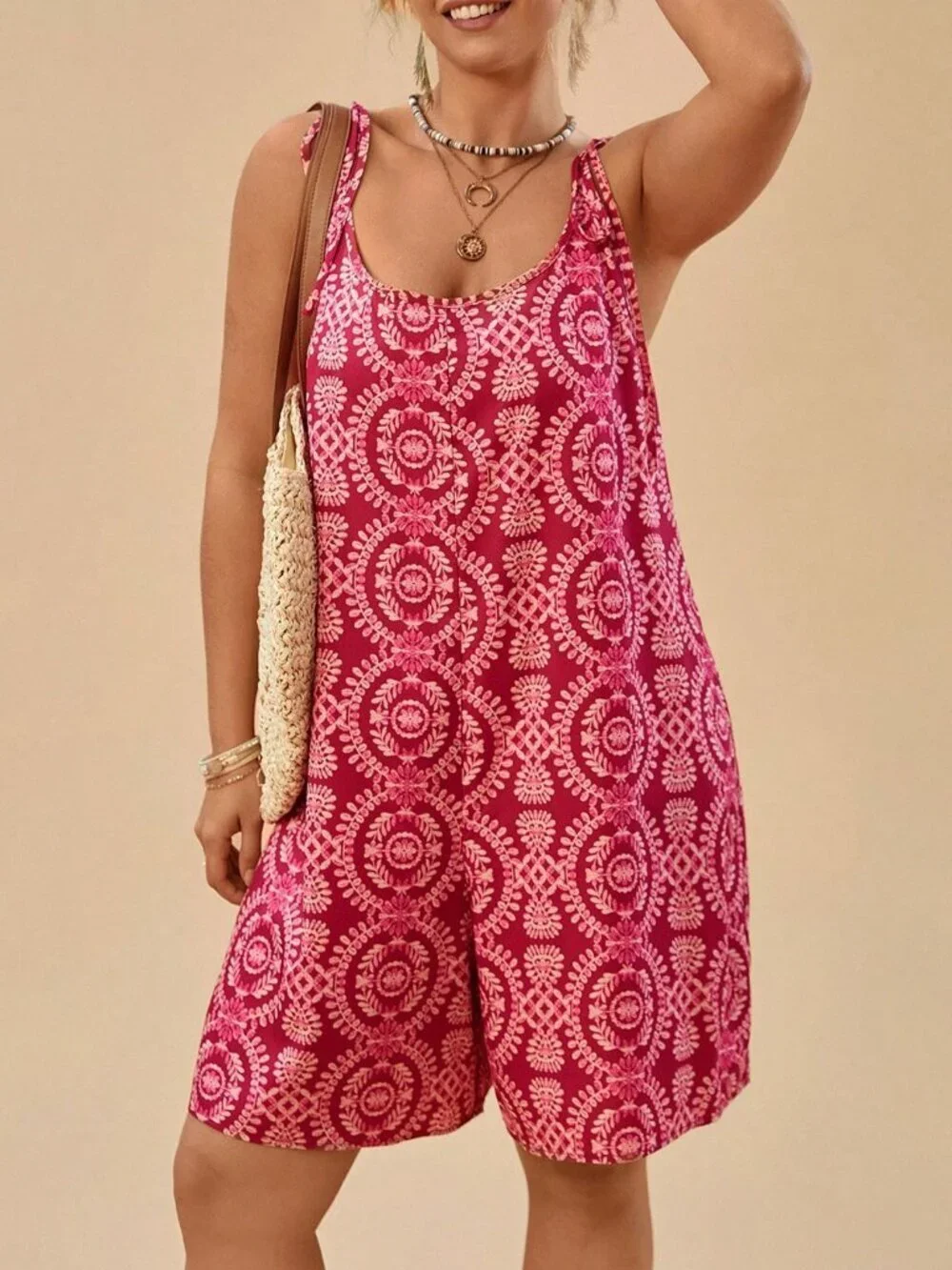 Red Boho Women's Plus Size Floral Print Spaghetti Strap Casual romper